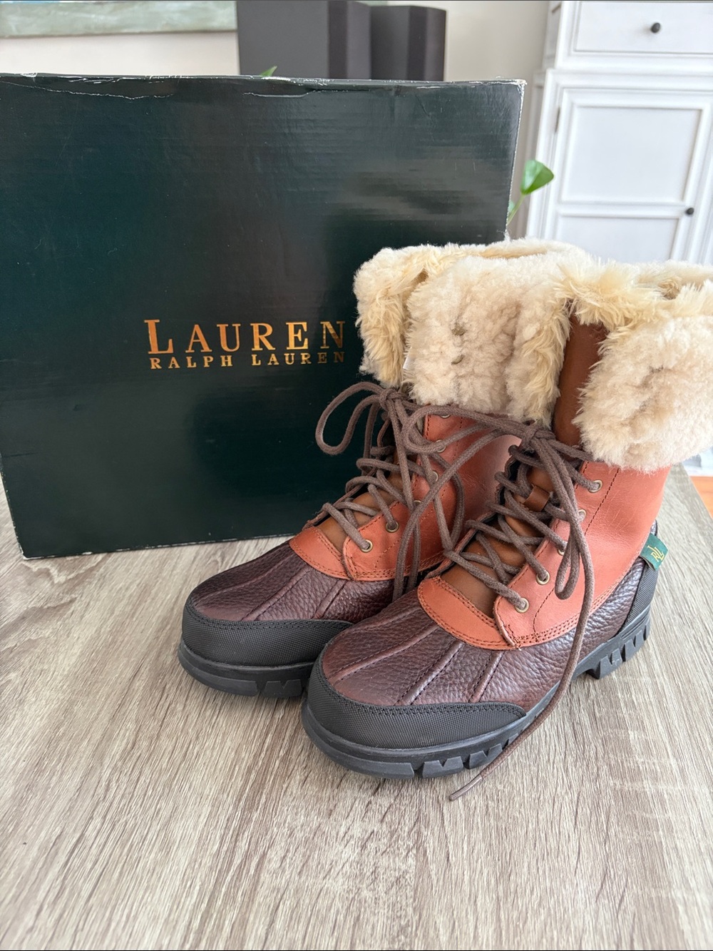 Lauren Ralph Lauren Brown and Tan Shearling-Trim Lace-Up Boots
